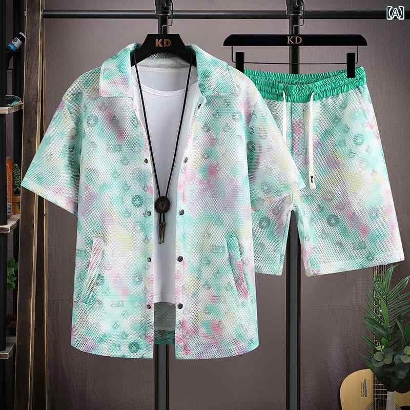 メンズ カジュアル セットアップ UVカット 速乾 メッシュ 通気性 薄手 春夏 半袖トップス ショートパンツ ツーピース ルームウェア 上下セット ポリエステル素材