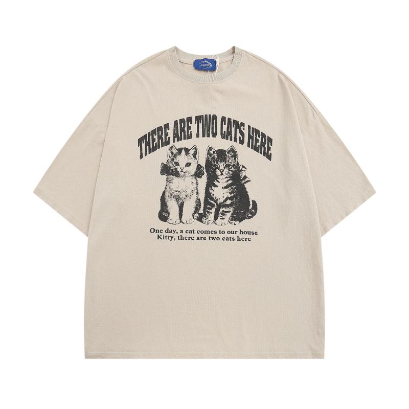 Tシャツ メンズ 吸汗速乾 透湿 アメリカンストリート ゆったり ビッグシルエット ウォッシュ加工 カートゥーン猫柄 ドロップショルダー クルーネック 半袖