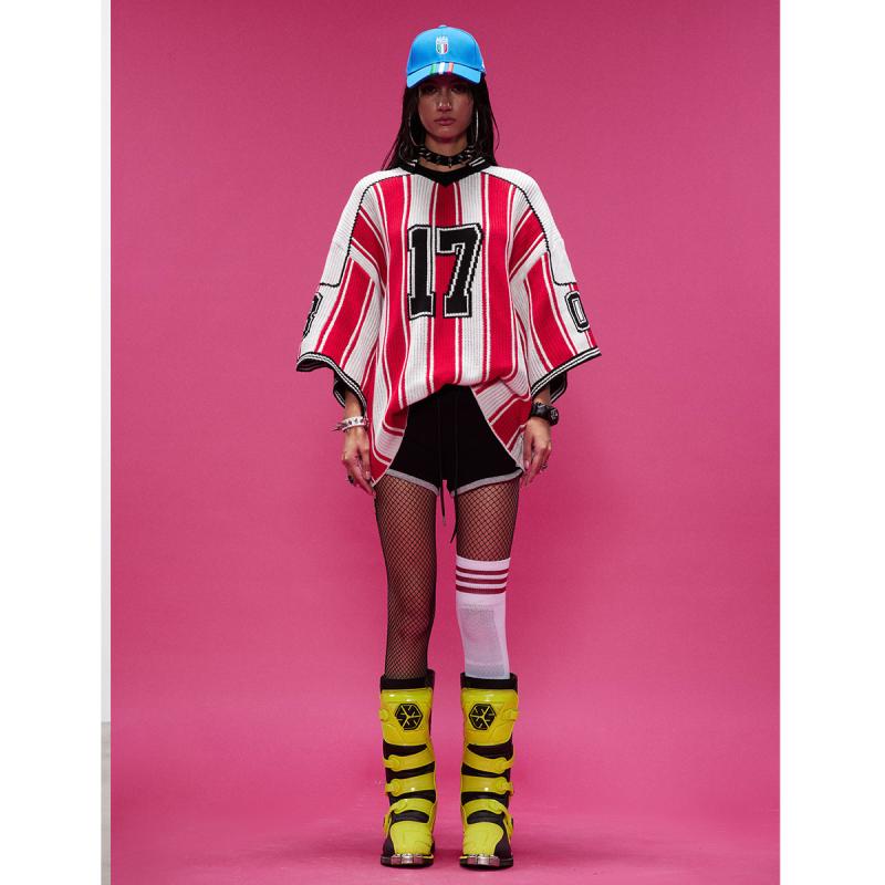 ニット メンズ Vネック 五分袖 野球 ストライプ 切り替え アメカジ カジュアル レトロ スポーツ ゆったり 厚手 綿混 通気性