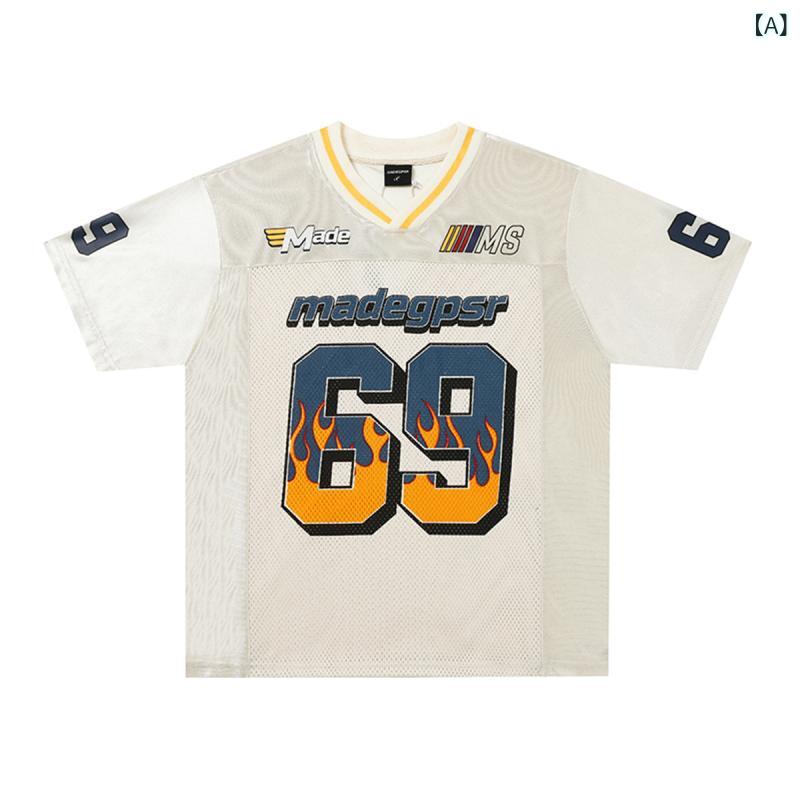 Tシャツ メンズ 吸汗速乾 防シワ 半袖 Vネック ドロップショルダー ゆったり アメカジ ヒップホップ スポーツウェア カジュアル 炎柄 プリント ポリエステル ユニセックス デイリーウェアの商品画像 2