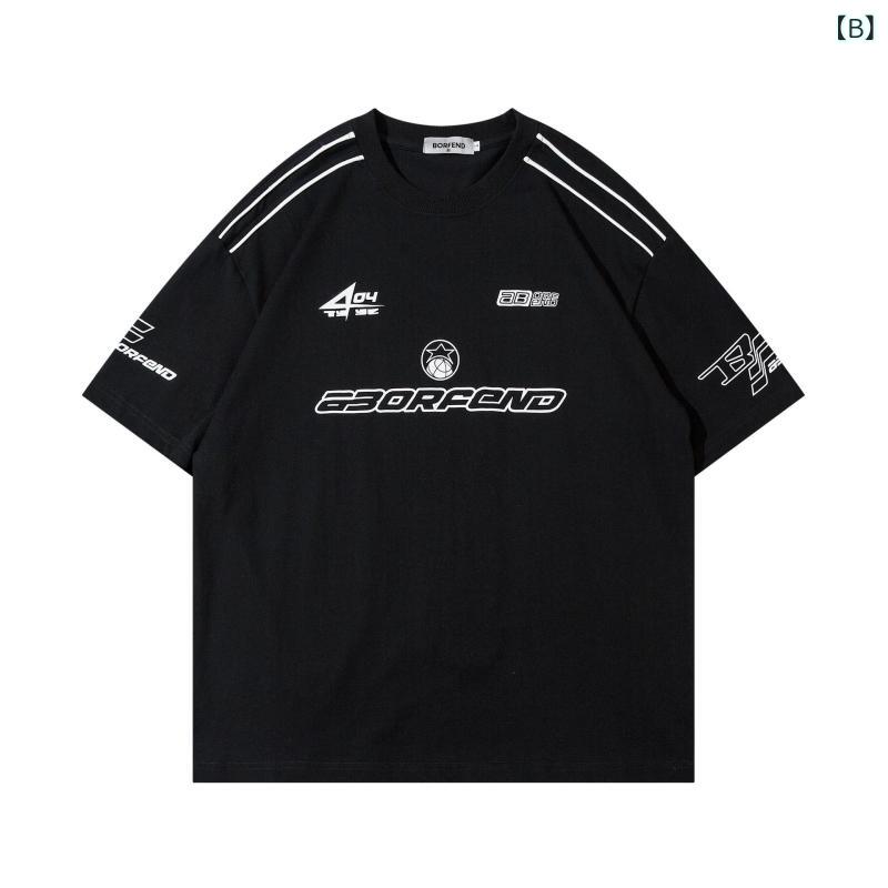 Tシャツ メンズ 通気性 吸湿速乾 アメリカン ストリート カジュアル ストライプ 切り替え デザイン 半袖 ルーズフィット コットン 厚手 クルーネック ドロップショルダー