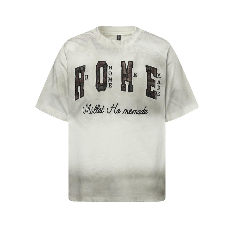 Tシャツ メンズ 春夏 透湿速乾 ウォッシュ加工 パッチワーク刺繍 アメリカンストリート 廃退風 ルーズフィット ドロップショルダー クルーネック 半袖