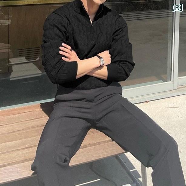 ニット メンズ 秋冬 ハーフハイネック ジップアップ プルオーバー ゆったり ケーブル編み 厚手 カジュアル 普段使い 着回し アウター