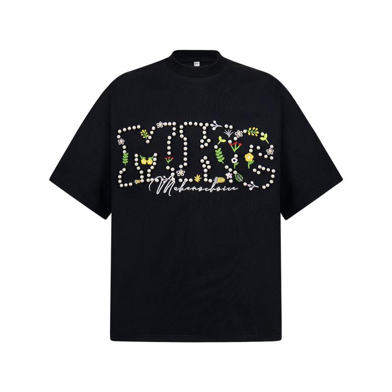 Tシャツ メンズ 男性用 アメカジ ストリート系 高級感あるビーズ刺繍 カップル ペアルック対応 クルーネック 半袖 綿100% 透湿 吸汗速乾 ゆったり オーバーサイズ 春夏 普段使い ルームウェア