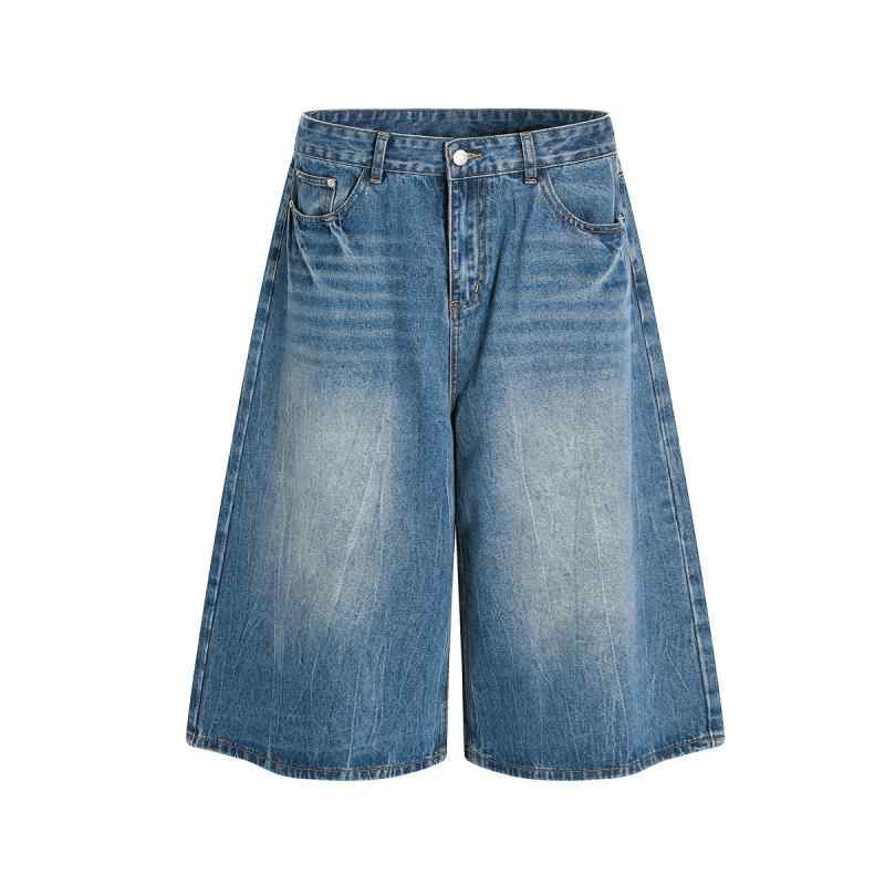 デニムパンツ メンズ 春夏 ミドルウエスト ワイド ストレート 七分丈 ウォッシュ加工 ダメージ加工 アメリカン ヴィンテージ コットン カジュアル ショートパンツ