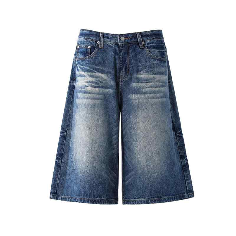 デニムパンツ ユニセックス ウォッシュ加工 ダメージ加工 ストレート クロップドパンツ ルーズフィット アメリカンヴィンテージ 春夏 ライトブルー インディゴ ブラック