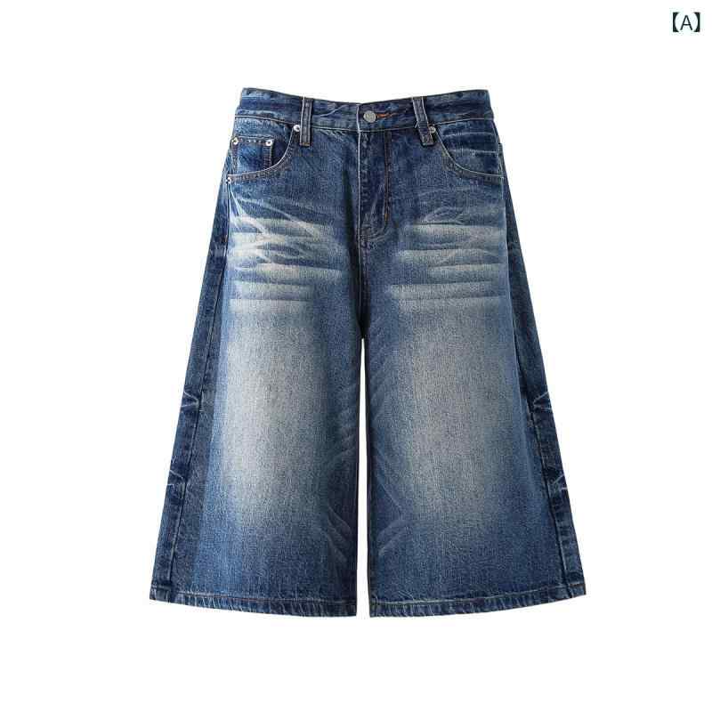 デニムパンツ ユニセックス ウォッシュ加工 ダメージ加工 ストレート クロップドパンツ ルーズフィット アメリカンヴィンテージ 春夏 ライトブルー インディゴ ブラック