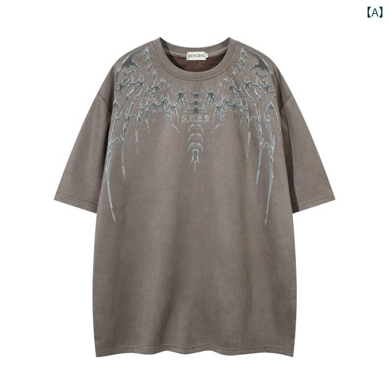 Tシャツ メンズ 春夏 スエード調 ゆったり ビッグシルエット スカルプリント 半袖 クルーネック ドロップショルダー 通気性 吸汗速乾 アメカジ ストリート系 カジュアル