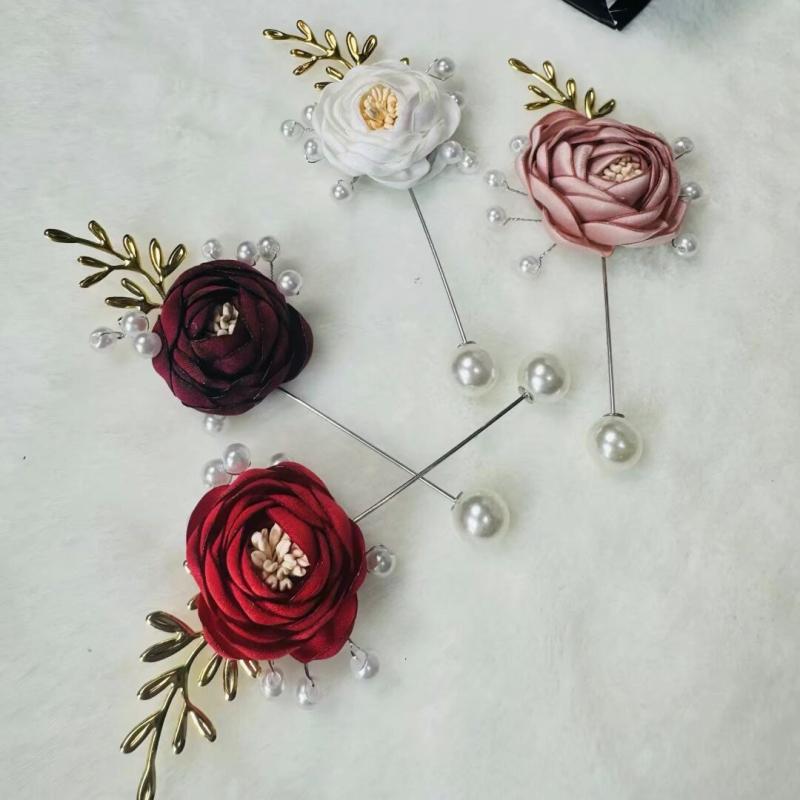 胸花 男女兼用 ラインストーン 金色の葉 ハンドメイド 結婚式 パーティー ウェディング フォーマル ブローチ 多色展開 ワインレッド 白 レッド ピンク(x2...