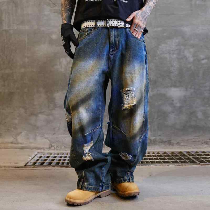 デニムパンツ メンズ ゆったり ウォッシュ加工 ジョガー ブルー 春秋 コットン ストレッチ トレンド カジュアル レトロ ロングパンツ