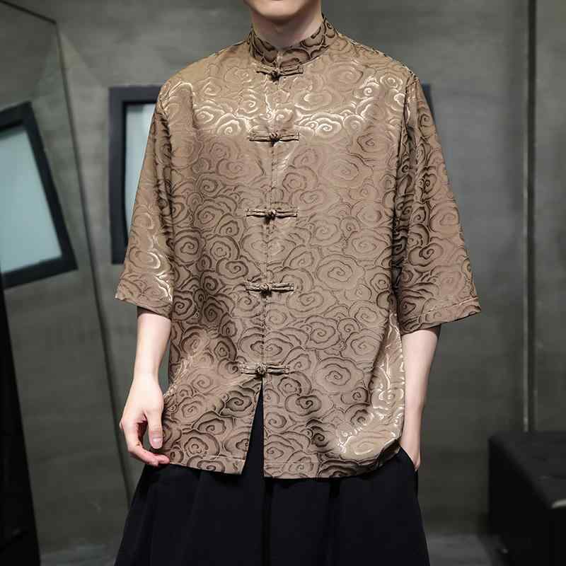 シャツ メンズ 接触冷感 薄手 七分袖 中華風 漢服 唐装 ゆったり 大きいサイズ 立ち襟 盤ボタン プリン..