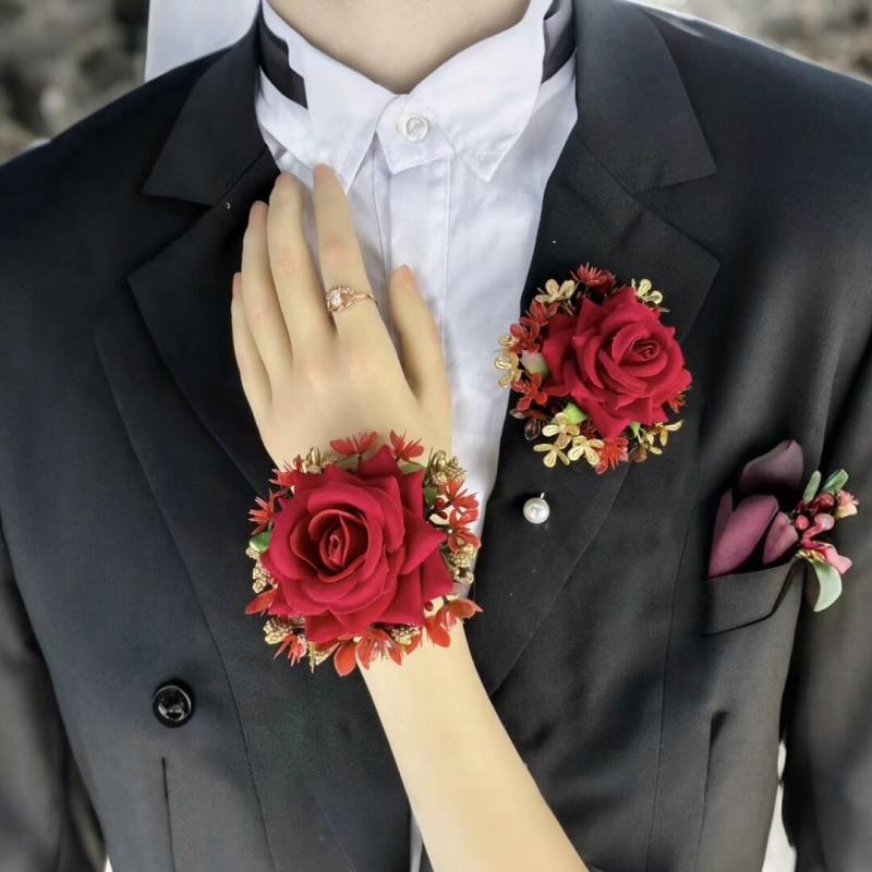 コサージュ レトロ 欧米風 ローズゴールド ウェディング 結婚式 花嫁 ブライズメイド リストコサージュ フラワーモチーフ ハンドメイド ポリエステル素材 レッ...
