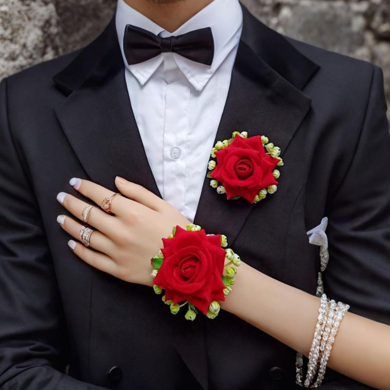 アクセサリー ウェディング レトロ ローズ コサージュ リストブーケ 花嫁 新郎 ブライズメイド アッシャー 結婚式 パーティー 男女兼用 ハンドメイド 深紅(...