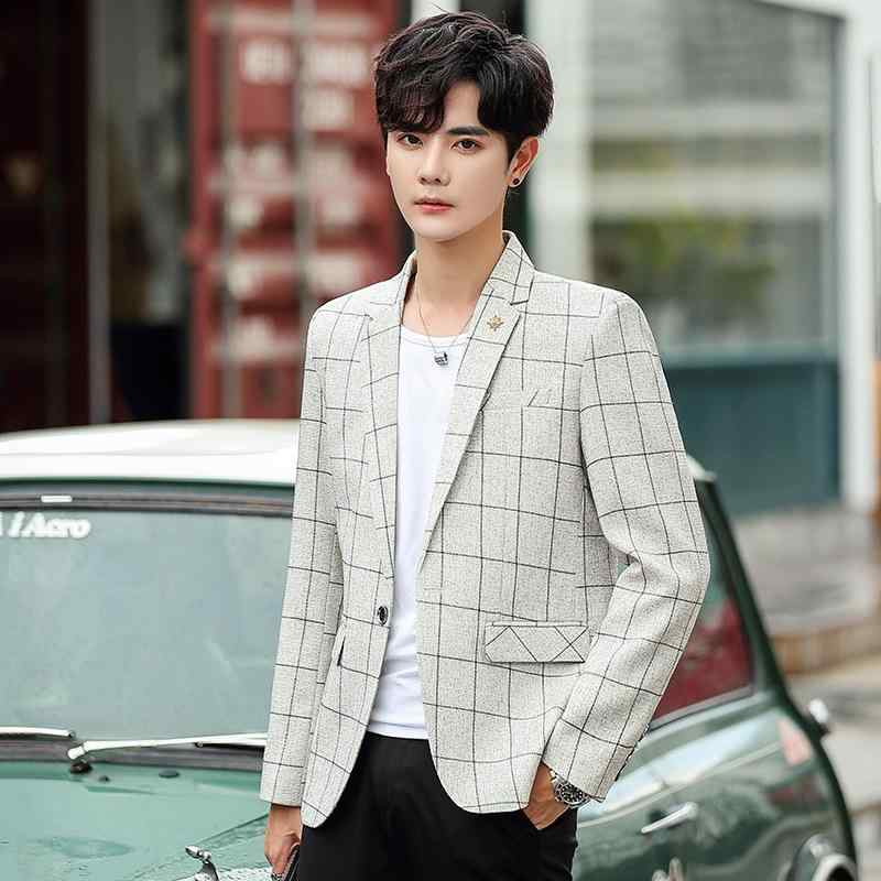 テーラードジャケット メンズ グレンチェック柄 スリムフィット 細身 韓国風 ビジネス カジュアル シワになりにくい 春秋冬 ポリエステル混紡 グレー 黒 ベージュ 青