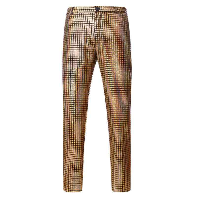 スラックス メンズ 通気性 ウォッシャブル 色落ちしにくい スリムフィット パーティー ステージ ライブ 演出 ナイトクラブ 箔押し キラキラ 光沢 トレンド 綿混ポリエステル素材 シルバー ゴールド