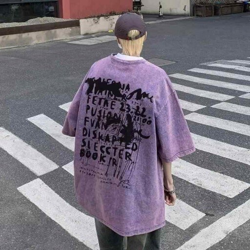 Tシャツ メンズ 通気性 綿100% オーバーサイズ ゆったり アメリカンレトロ ストリート カジュアル アメカジ 半袖 丸首 キャラクタープリント パープル 春夏 Tシャツ メンズ 通気性 綿100% オーバーサイズ ゆったり アメリカンレトロ ストリート カジュアル アメカジ 半袖 丸首 キャラクタープリント パープル 春夏