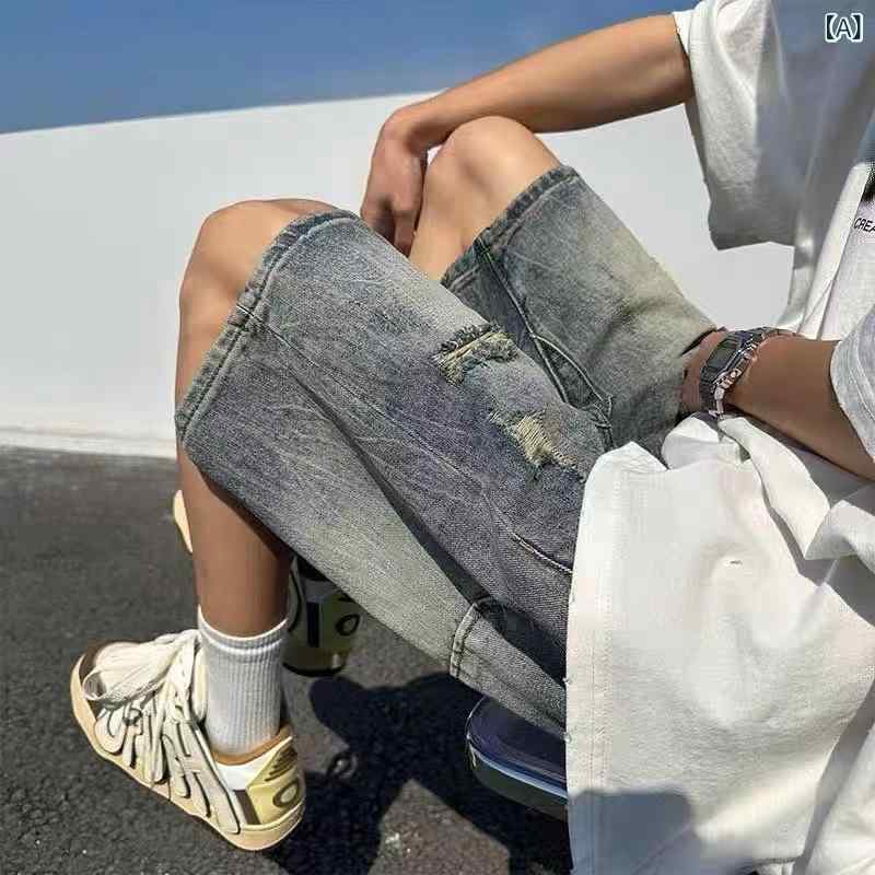 デニム メンズ ダメージ加工 ウォッシュ加工 ハーフパンツ ゆったり ルーズ カジュアル ストリート アメカジ ヴィンテージ レトロ ワイルド クール 着回し 膝丈 春夏