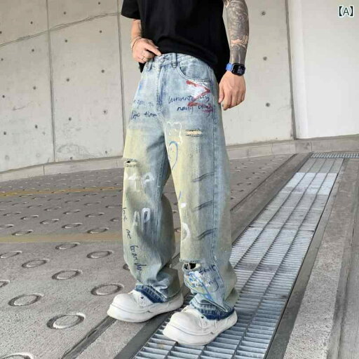 デニムパンツ メンズ 春夏 薄手 軽量 ストリート ダメージ加工 グラフィティ ペイント スプラッシュ ゆったり ストレート カジュアル デニムパンツ メンズ 春夏 薄手 軽量 ストリート ダメージ加工 グラフィティ ペイント スプラッシュ ゆったり ストレート カジュアル