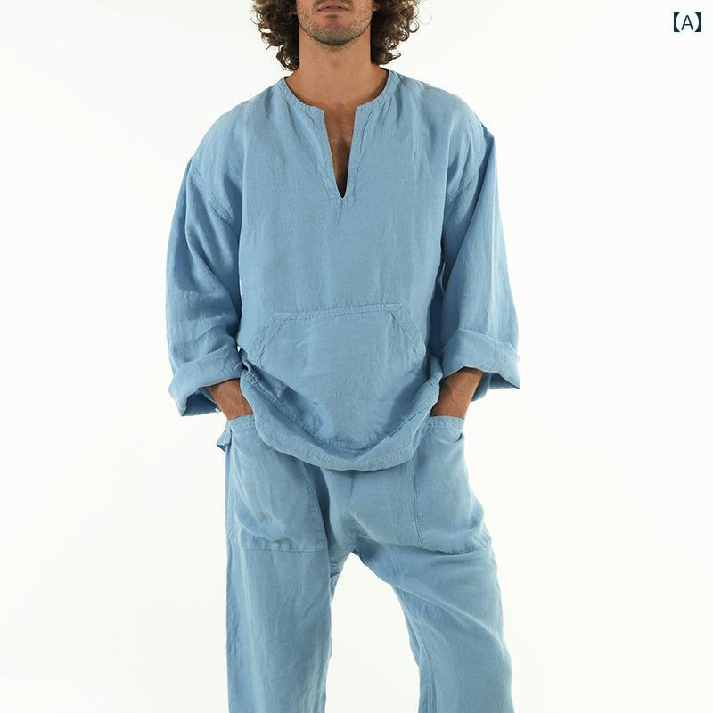 メンズ カジュアル セットアップ Vネック 長袖 トップス ゆったり ロングパンツ 上下セット スポーツカジュアル 綿混 ポリエステル 部屋着 ルームウェア ワンマイルウェア 春秋