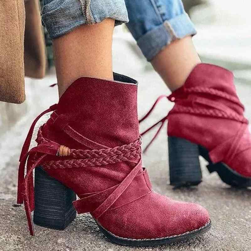 フリンジブーツ レディース 欧米風 レトロ ラウンドトゥ 太ヒール ショートブーツ スエード調 ゴム底 ステッチ アンクル丈