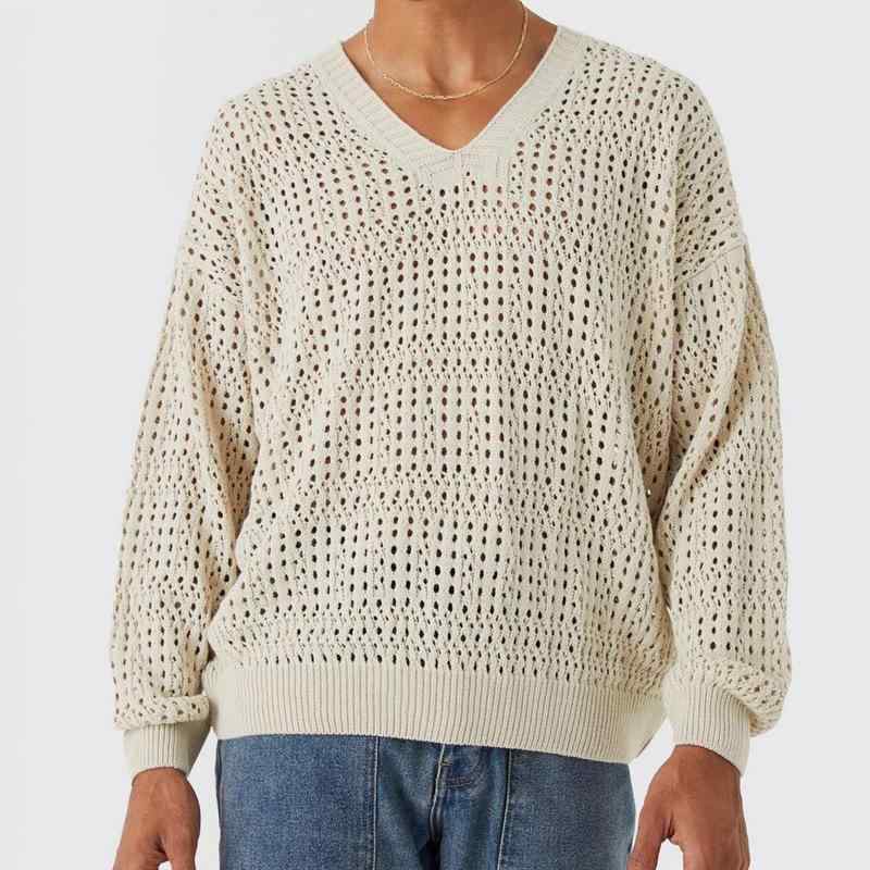 セーター メンズ 欧米風 ゆったり カジュアル 透かし編み Vネック 無地 長袖 プルオーバー ウォッシャブル ポリエステル素材 中厚手 春物 デイリーユース