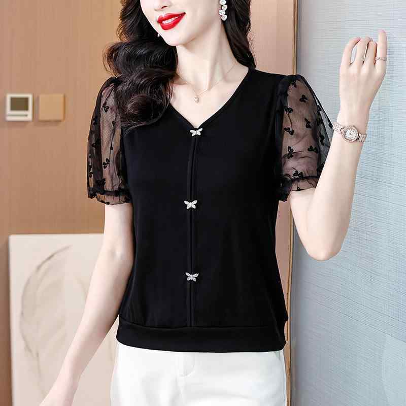 Tシャツ レディース 蝶 ビーズ装飾 刺繍 切り替え メッシュ パフスリーブ 半袖 Vネック スリムフィット オフィス 通勤 夏 上品 きれいめ 着回し ブラウス