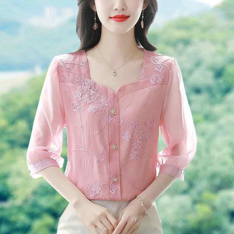 ブラウス レディース シフォン ゆったり 七分袖 スクエアネック パフスリーブ 切り替え プルオーバー デザイン かわいい おしゃれ 若見え 着回し 通勤 ピンク アプリコット