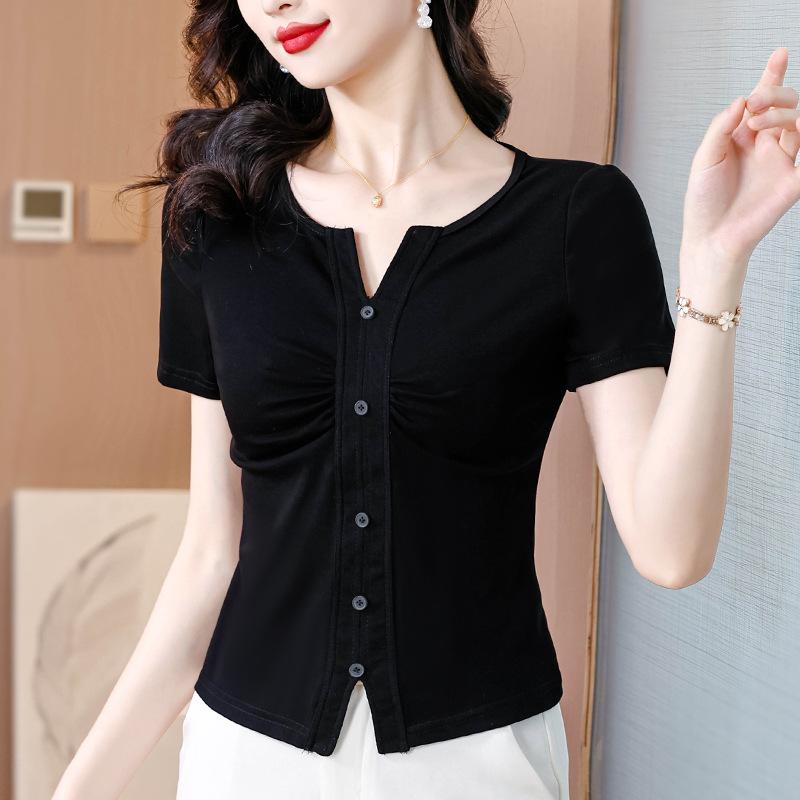 Tシャツ レディース 無地 Vネック 半袖 ギャザー スリット ショート丈 体型カバー 上品 きれいめ 通勤スタイル トップス ブラック 綿混素材