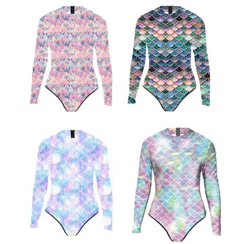 ワンピース水着 レディース 長袖 魚鱗柄 3Dデジタルプリント カートゥーン柄 再生繊維 ストレッチ素材 ..