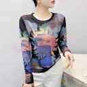 Tシャツ レディース 通気性 メッシュ 着痩せ ラウンドネック 長袖 春夏 プリント柄 切り替えデザイン スリムフィット ストレッチ プルオーバー 上品 通勤スタイル トップス