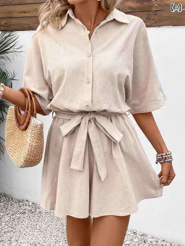 モズラボのオールインワン コンビネゾン レディース 薄手 軽量 ストレッチ 春夏 無地 半袖 ウエストゴム ベルト付き ワイドパンツ 通勤 オフィスカジュアル きれいめ 体型カバー 着回し｜アングル2