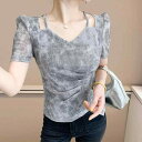 プリントTシャツ レディース 薄手 スリムフィット ギャザー ショート丈 Uネック 韓国風 ファッション トップス 春夏 通勤 オフィスカジュアル ストレッチ