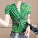 Tシャツ レディース きれいめ 通勤 都会的 スリムフィット メッシュ素材 Vネック 半袖 幾何学柄 3Dプリント セクシー おしゃれ プルオーバー 春夏
