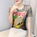 Tシャツ レディース クルーネック プルオーバー おしゃれ プリント シアー 切り替え 半袖 スリムフィット 着回し抜群 通勤 オフィス カジュアル 春夏 ポリエステルトップス