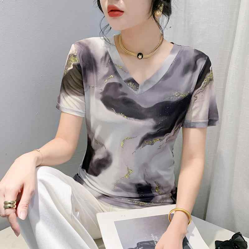 Tシャツ レディース スリムフィット おしゃれ グラデーションプリント メッシュ 箔プリント Vネック 半袖 UV対策 ストレッチ レギュラー丈 通勤 春夏