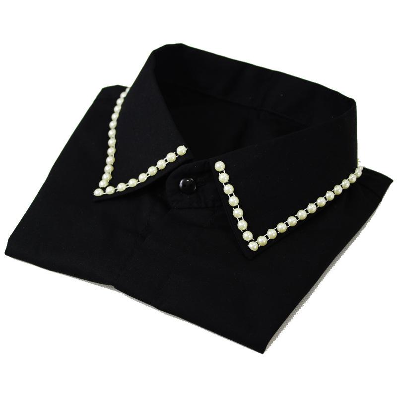 付け襟 レディース オールシーズン 重ね着風 レイヤード シャツ襟 パール付き 縁取りデザイン コットン ブラック 無地 フォーマル オフィス 通勤 着回し きれいめ フリーサイズ