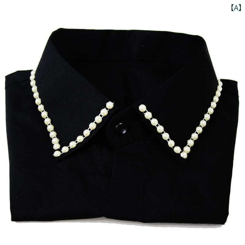 モズラボの付け襟 レディース オールシーズン 重ね着風 レイヤード シャツ襟 パール付き 縁取りデザイン コットン ブラック 無地 フォーマル オフィス 通勤 着回し きれいめ フリーサイズ｜アングル2