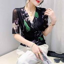 Tシャツ レディース メッシュ生地 プリント アート柄 スリムフィット Vネック 五分袖 トレンド カジュアル トップス 春夏