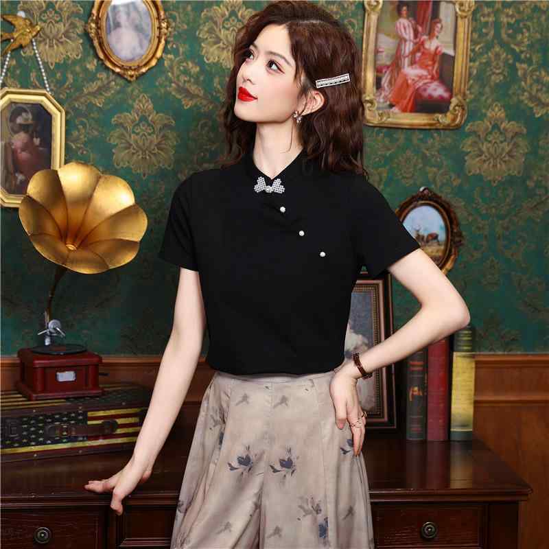 Tシャツ レディース 新チャイナ風 パールチャイナボタン 半袖 改良チャイナドレス スタンドカラー 立ち襟 無地 綿混 きれいめ 通勤 オフィス カジュアル