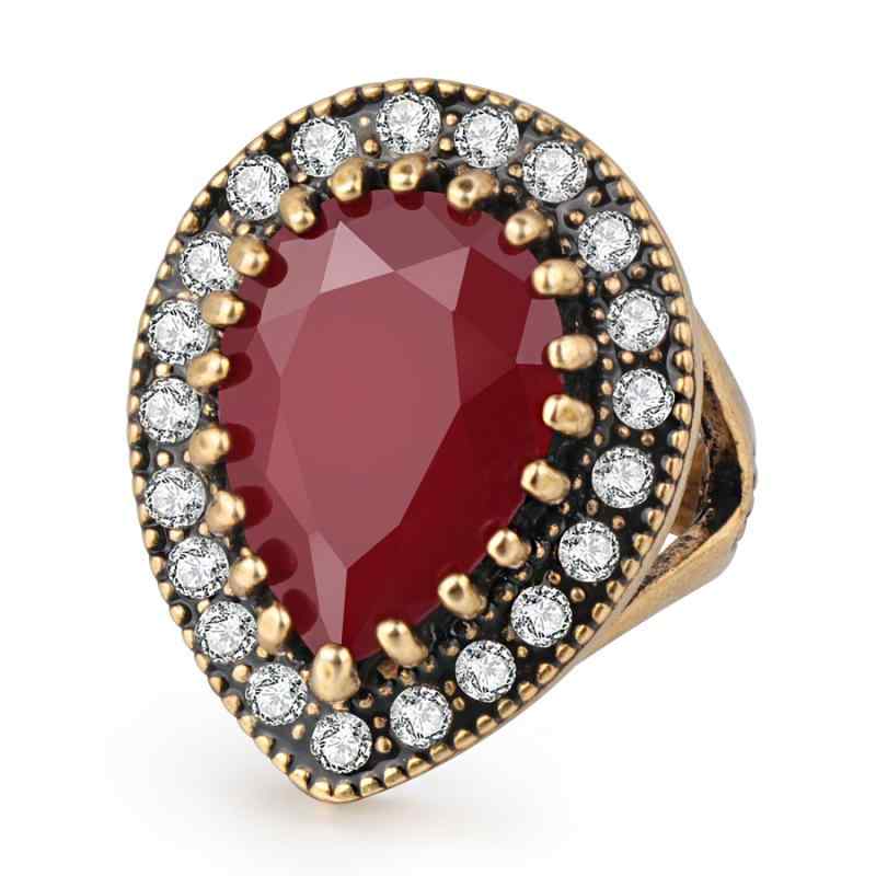 指輪 男女兼用 欧米風 レトロ ボヘミアン 大きめ 樹脂 ティアドロップ型 電気メッキ加工 合金 人工宝石 グリーン ブラック レッド