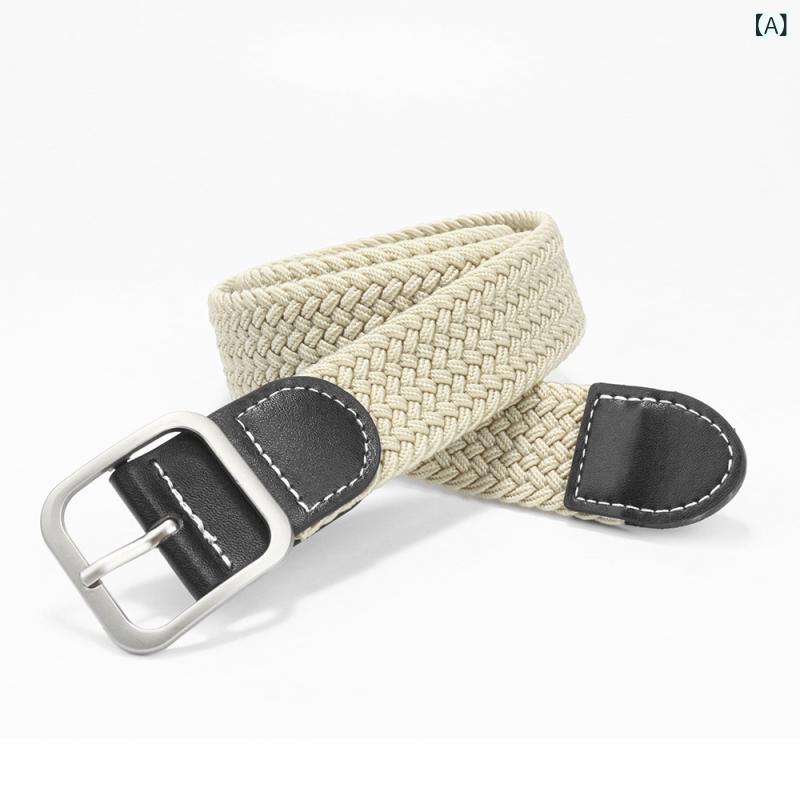モズラボのベルト レディース 男女兼用 学生用 伸縮性 ゴム 編み込み カジュアル シンプル 韓国ファッション 上品 万能 オフィス 通勤 普段使い 布製 ラウンドバックル スクエアバックル(x2)｜アングル2