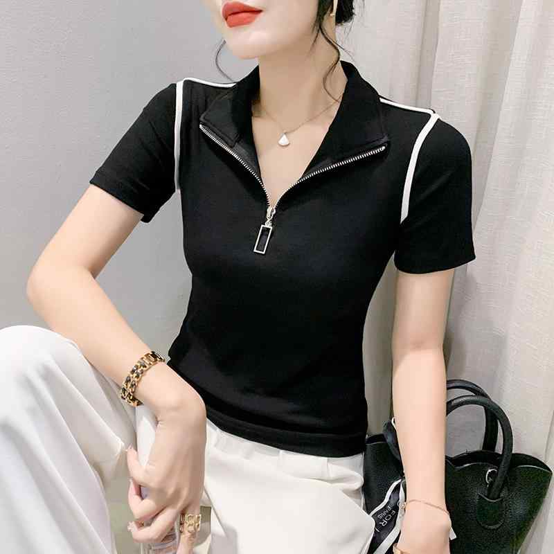 Tシャツ レディース スタンドカラー ハーフジップ 半袖 デザイン 無地 ポリエステル アクリル スパンデックス プルオーバー 切り替え 春夏 きれいめ 通勤 トレンド