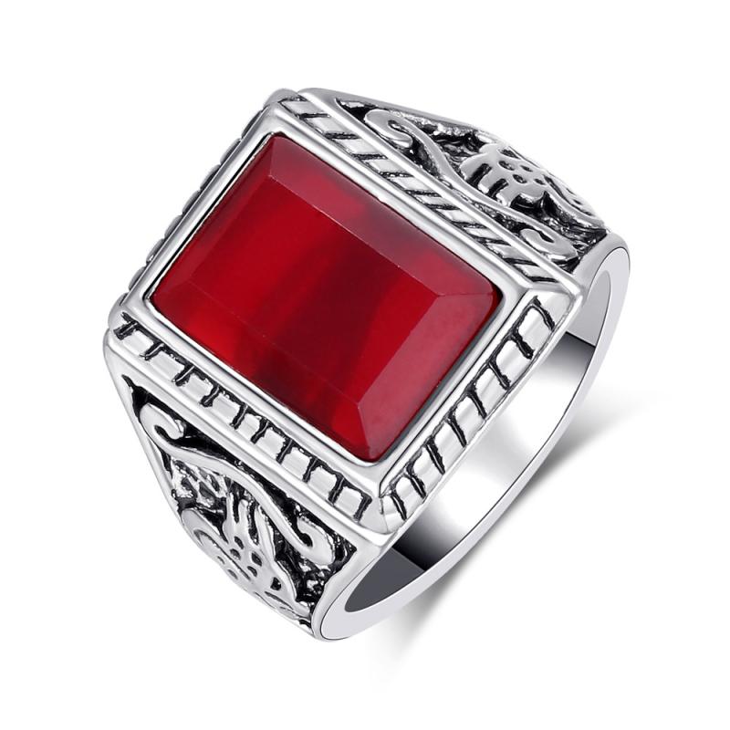 指輪 メンズ ヨーロピアン レトロ クラシック 万能 タイシルバー 電気メッキ加工 合金製 レッドストーン ブラックストーン 彫刻模様 幾何学 リング アクセサリー ジュエリー