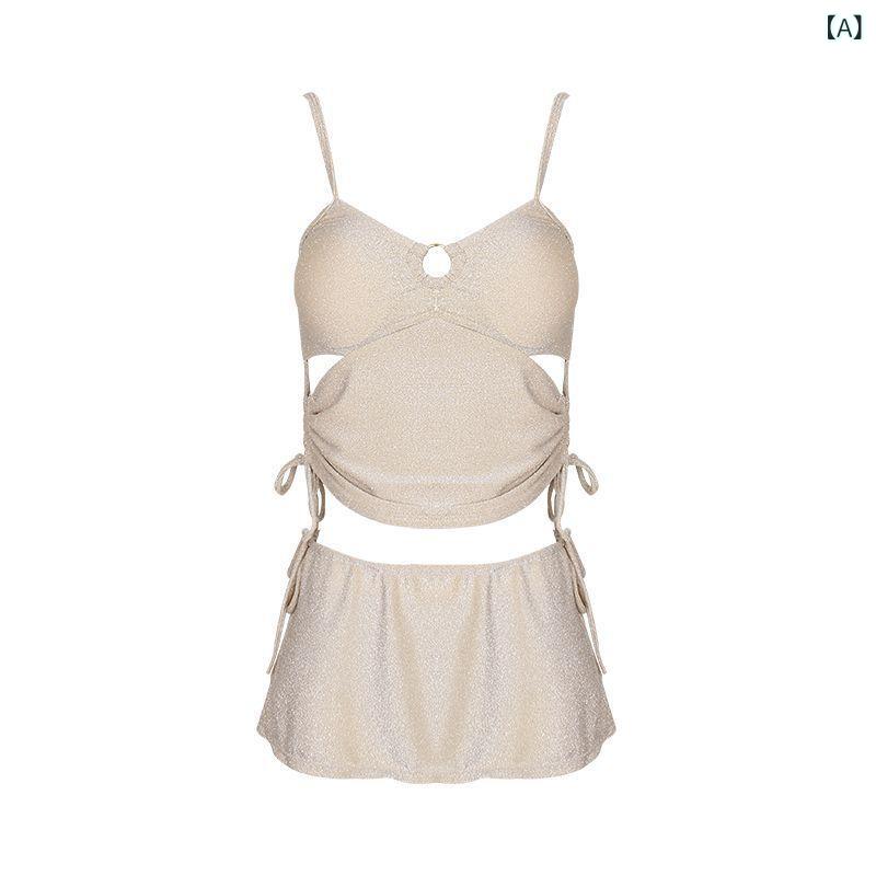 水着 レディース 体型カバー パッド付き ノンワイヤー 谷間メイク スリーピースセット セパレート ビキニ 温泉 リゾート マリンスポーツ アプリコットカラー ポリエステル素材