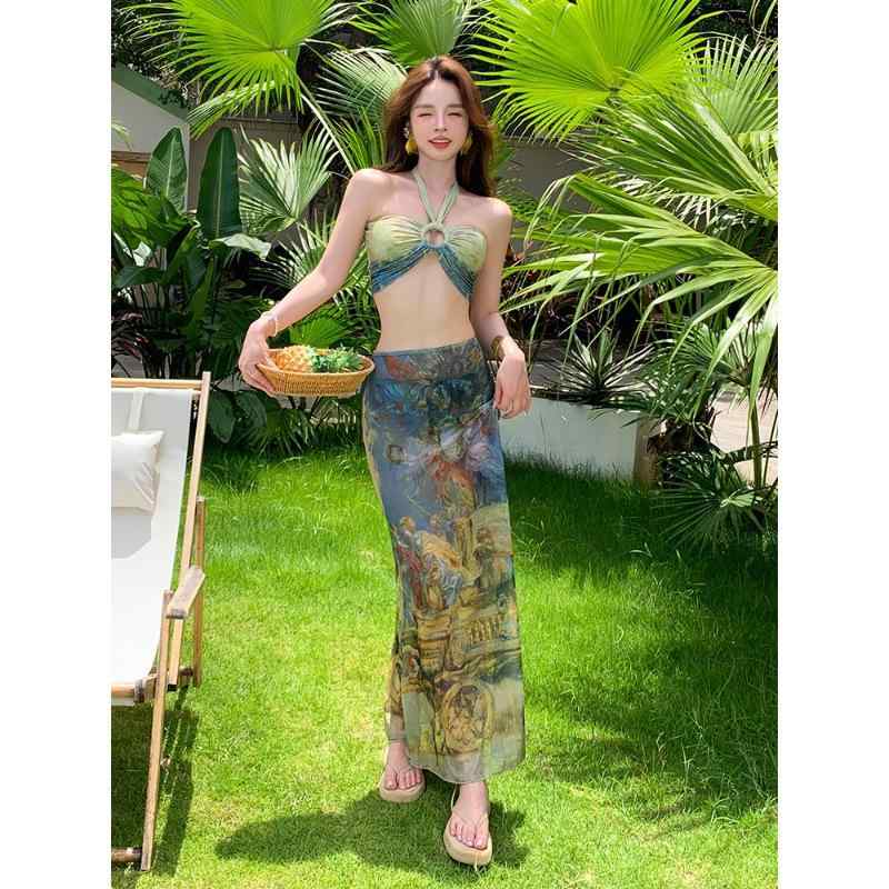 水着 レディース ホルターネック セクシー エレガント 大人上品 オリジナルデザイン エスニック柄 リゾート ビーチ セパレート ビキニ 3点セット ロングスカート