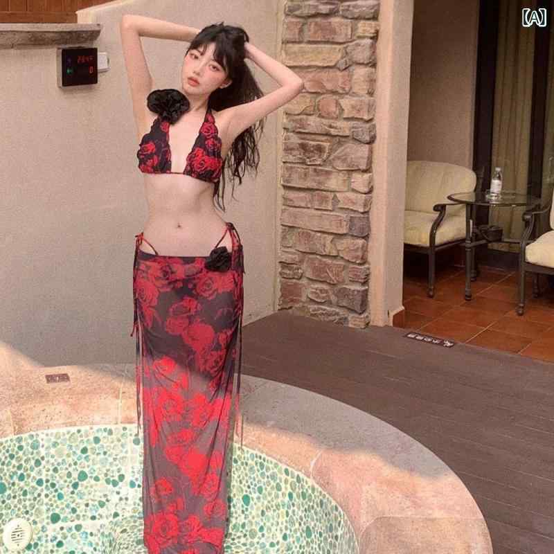 水着 レディース 高級感 レトロローズ柄 セパレート スリーピース スカートタイプ バストカバー パッド付き ノンワイヤー 速乾 高伸縮性 バックシャン 耐久性 欧米風 スイムウェア