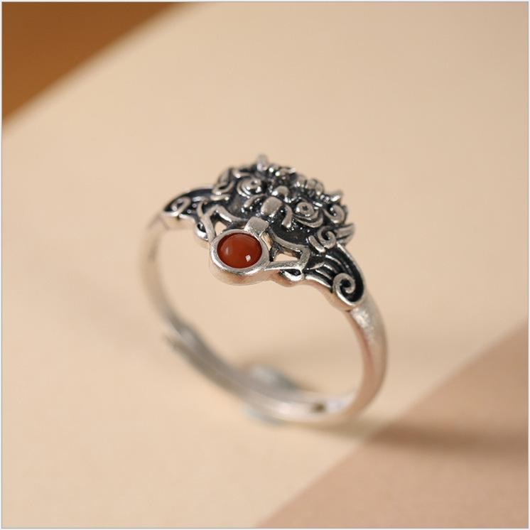 指輪 レディース S925 タイシルバー 南紅瑪瑙 饕餮 貔貅 麒麟 幾何学模様 レトロ 民族風 中国風 開口 ..