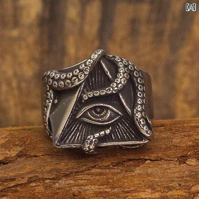モズラボの指輪 ユニセックス ダーク ゴシック クトゥルフ オクトパス 触手 プロビデンスの目 開口 フリーサイズ パンク ヒップホップ ストリート系 レトロ ヴィンテージ アンティーク 大ぶり 存在感 メンズ レディース アクセサリー｜アングル2