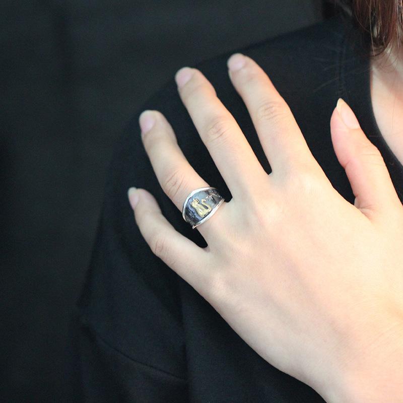 指輪 レディース S925シルバー タイシルバー風 個性的 猫 ネコモチーフ オープンリング フリーサイズ レトロ アンティーク風 燻し加工 電気メッキ加工(4)