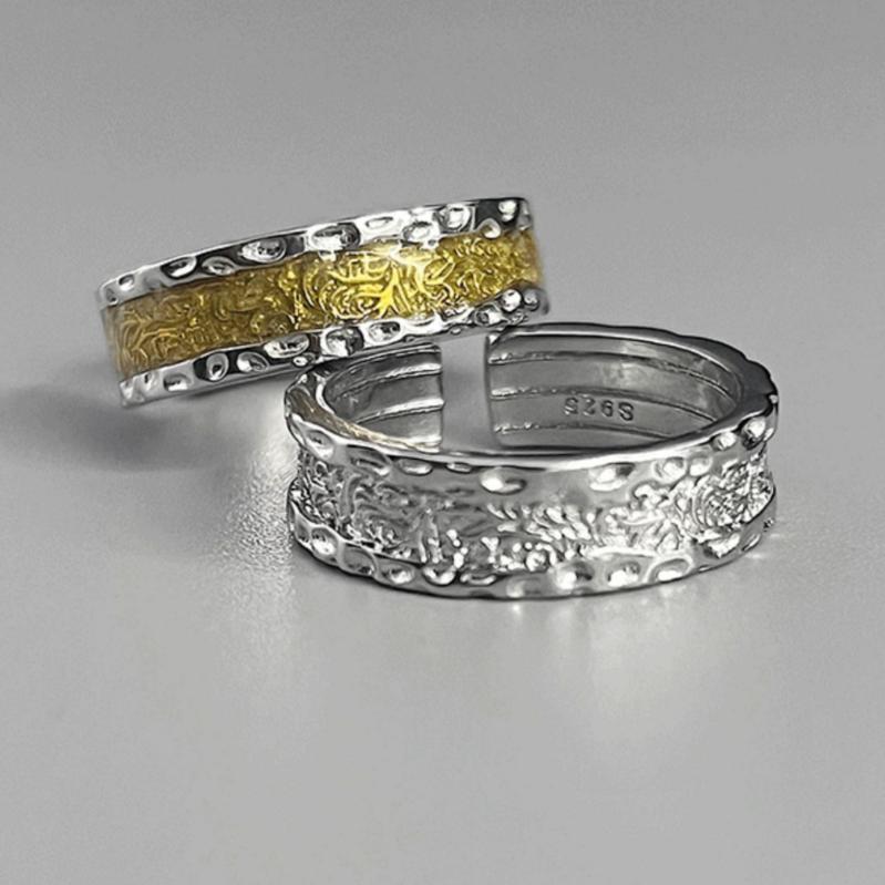 指輪 男女兼用 s925 シルバーコーティング 唐草模様 隠し模様 個性的 不揃い 高級感 ゴールドカラー レトロ アンティーク調 オープンリング サイズ調整可能 ペアリング カップル向け(4)